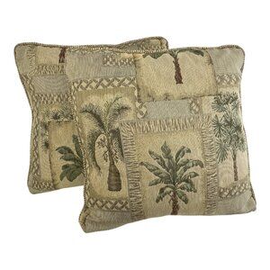 Vtg Set of 2 Tapestry Palm Tree Decorative Pillow Covers with Inserts – 17”